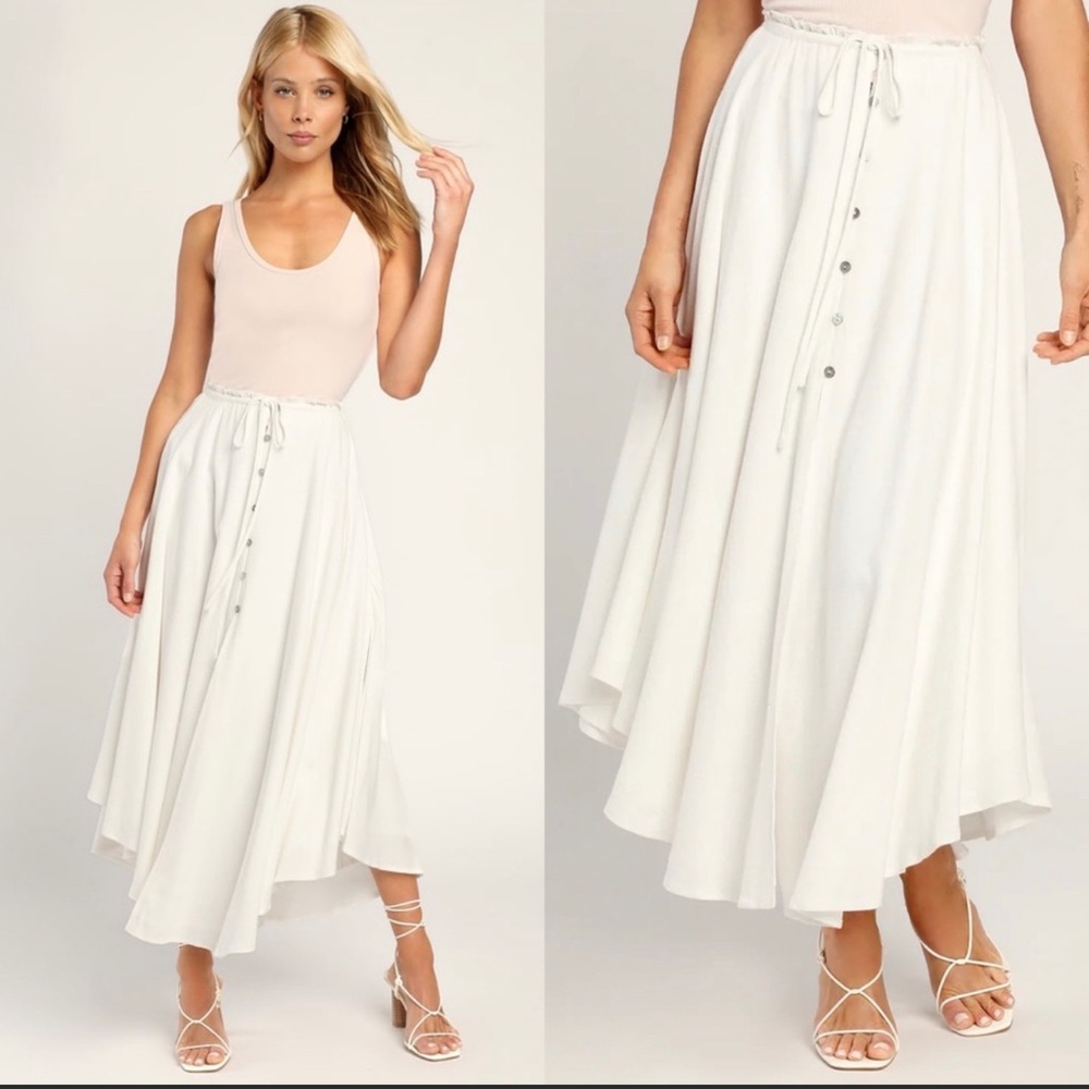 NWT Lulus Best Beginnings Button-Front Midi Skirt in Ivory White sz L